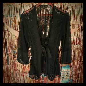 Vintage 90s sexy Black Lingerie Jacket Dreamgirl sheer ribbon fringe peignoir M